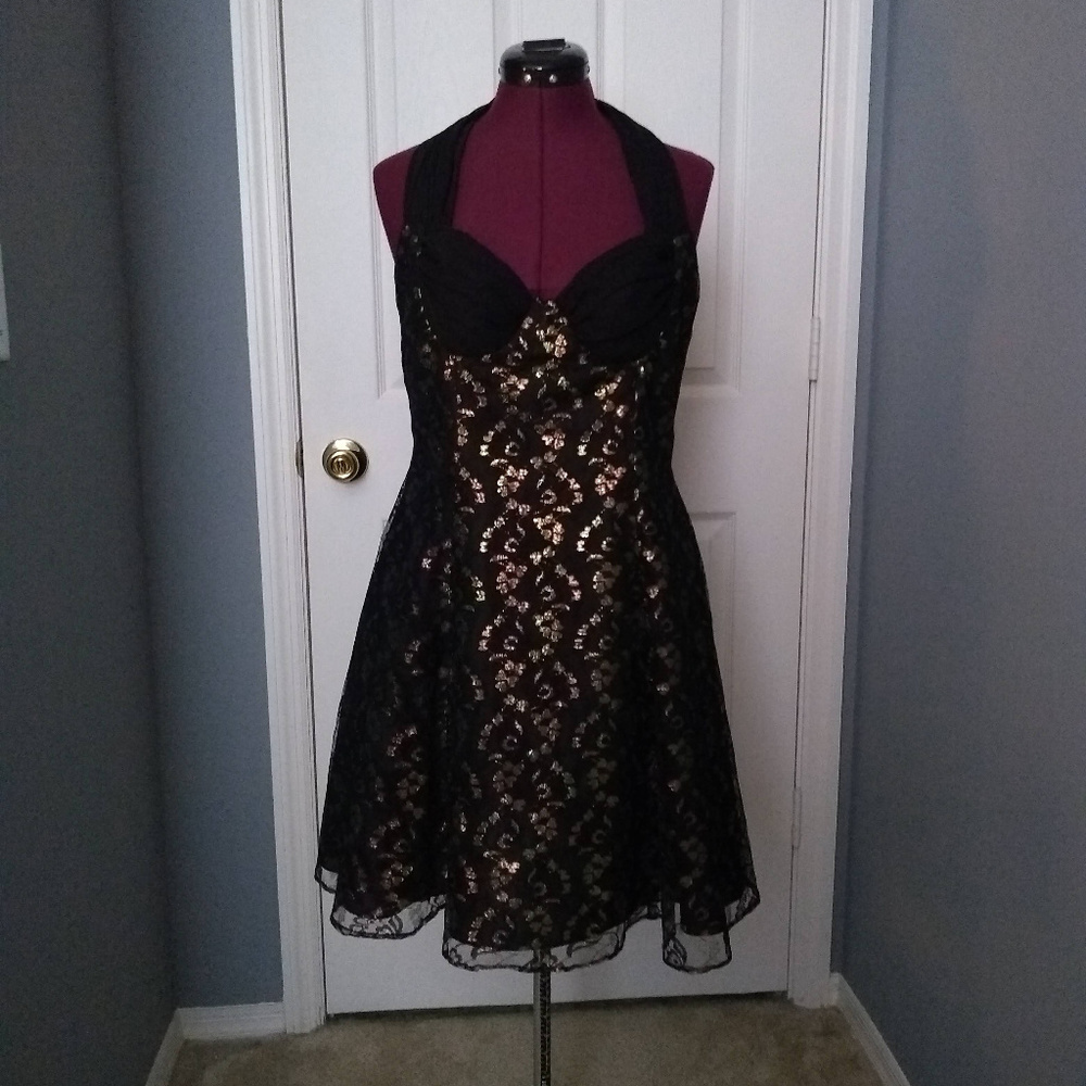 Isiz Minelli Black Shimmery Lace Fit & Flare Dress